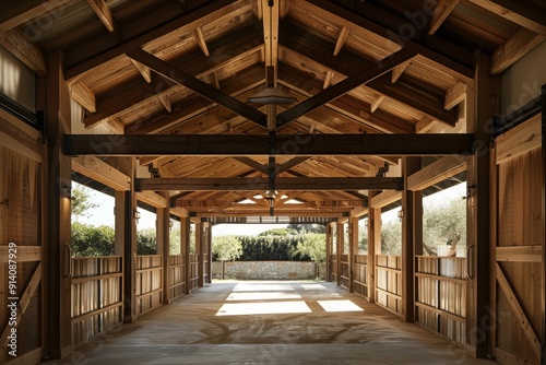 Barn with ceiling beams and outdoor view