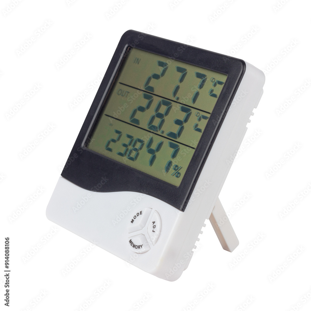 Electronic digital thermometer hygrometer with remote sensor, isolated from background Electronic digital thermometer hygrometer with remote sensor, isolated from background