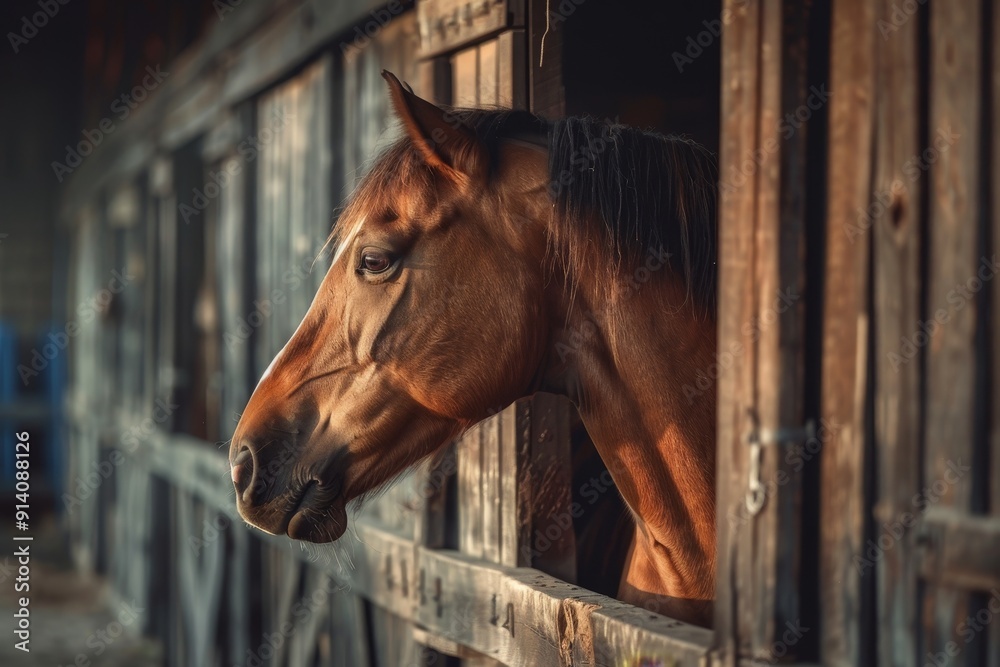 Fototapeta premium Beautiful bay horse portrait in stable during summer Equestrian lifestyle Livestock