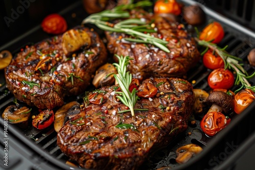 Beef steak with vegetables cooked in an air fryer