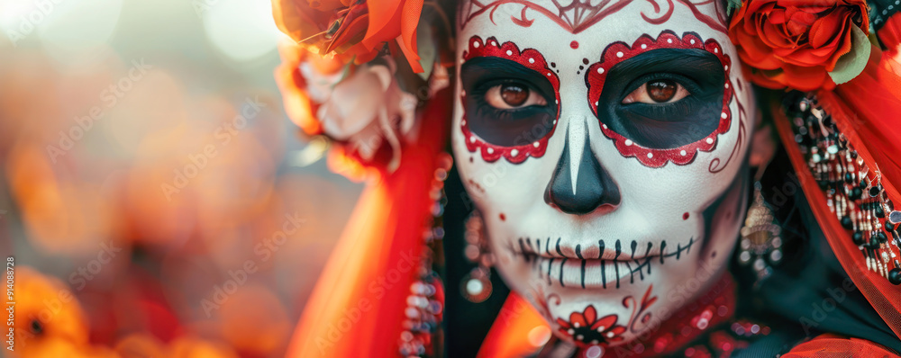 A woman with Dia de los Muertos or Day of the Dead face paint and vibrant flowers in her hair poses with a blurred colorful background. A woman with Dia de los Muertos or Day of the Dead face paint and vibrant flowers in her hair poses with a blurred colorful background.