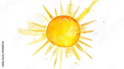 3D Watercolor Sun Clipart: Yellow Sun with Rays and Bold Outlines photo