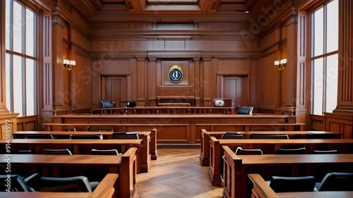 This location showcases a spacious courtroom with wooden paneling and elegant design during the afternoon hours