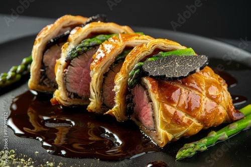 Beef Wellington with mushrooms asparagus truffle and spicy sauce on black plate photo