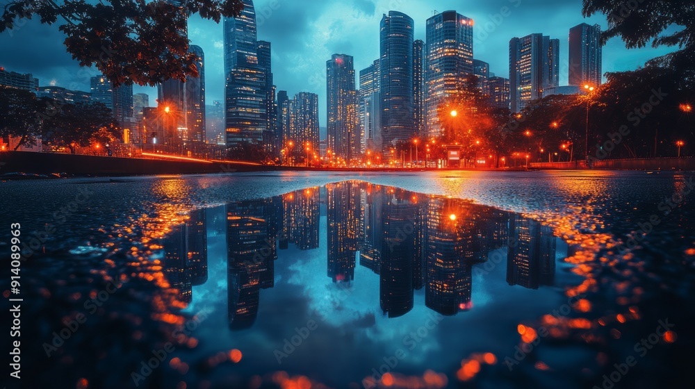 Fototapeta premium City Skyline Reflected in a Puddle | Stunning Urban Photography