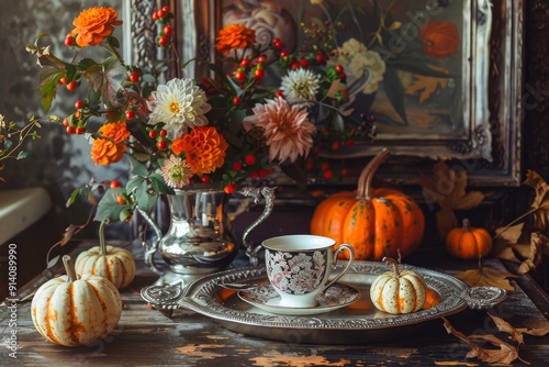 Fall scene with coffee vintage tray flowers on rustic table with pumpkins Thanksgiving Halloween theme photo