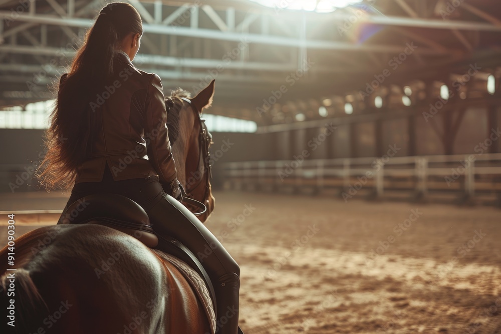 Φωτογραφία Female rider on horse in indoor arena with luxury brown leather equipment showca