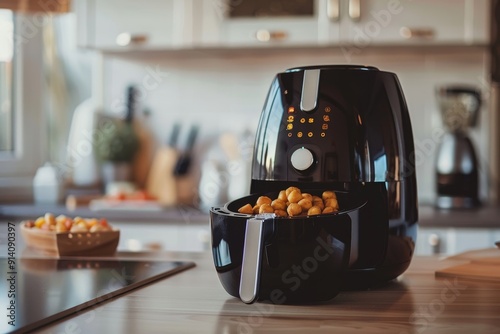 Flat lay image of air fryer oven on kitchen countertop offering fast crispy low fat food with hot air circulation for healthy snacking