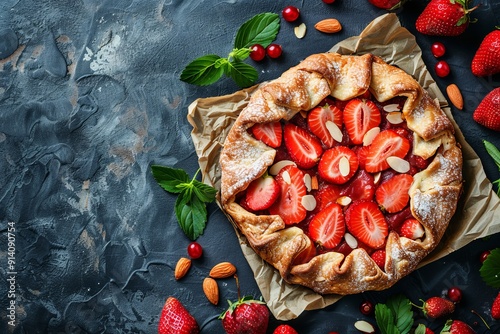 French strawberry and almond galette on baking paper top view on a culinary background Homemade summer pastry photo