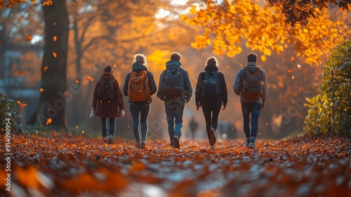 Friends Enjoying a Relaxing Walk Home From School Through Colorful Autumn Leaves
