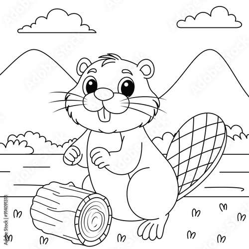 Cute Beaver on River Background Outline Coloring Page