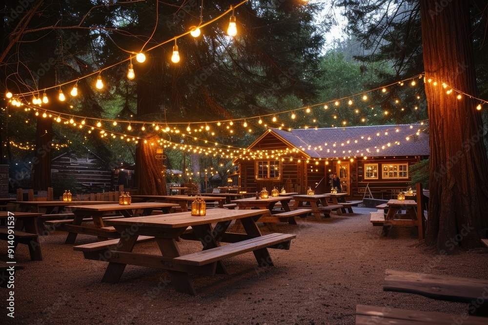 Rustic Wedding Reception Surrounded by Trees and Warm Lighting Rustic Wedding Reception Surrounded by Trees and Warm Lighting