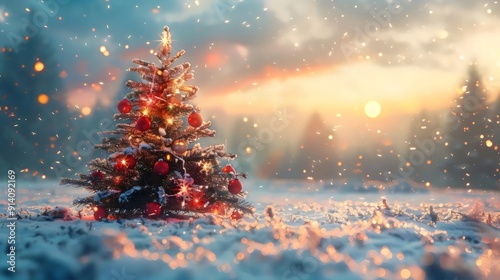 A Christmas tree is surrounded by snow and is lit up with lights