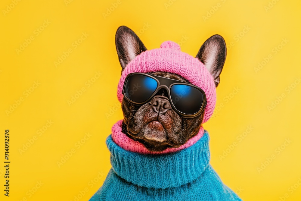 funny french bulldog dressed in ski hat and goggles against a bright yellow background