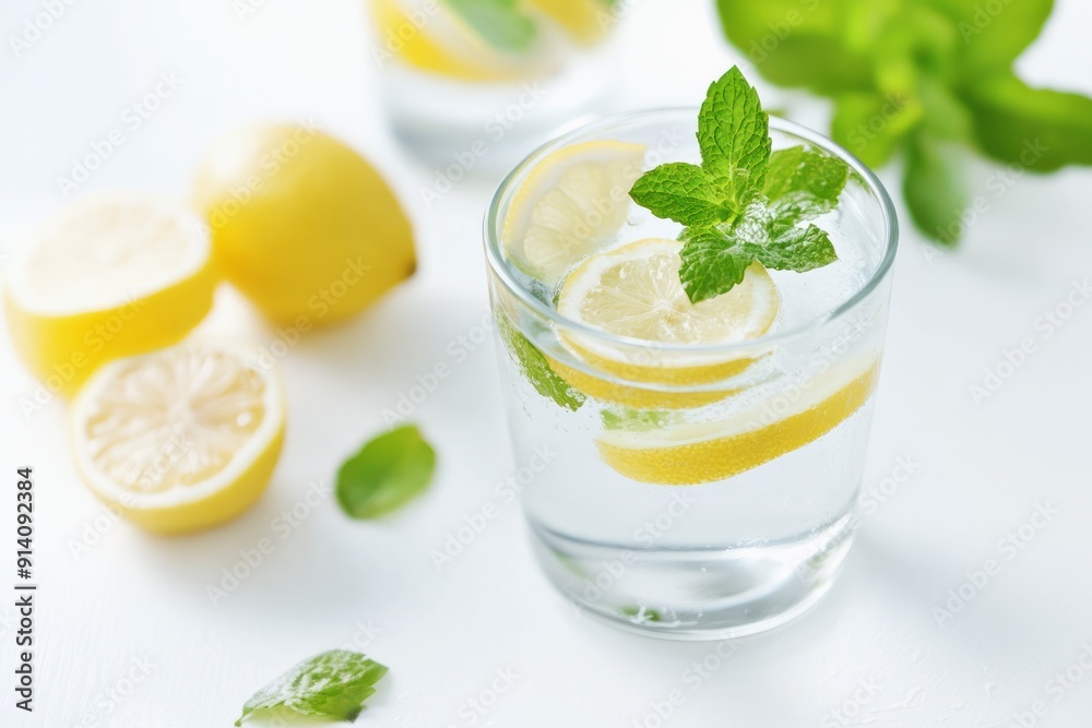 refreshing lemon mint water in glass on white background, healthy citrus drink concept refreshing lemon mint water in glass on white background, healthy citrus drink concept