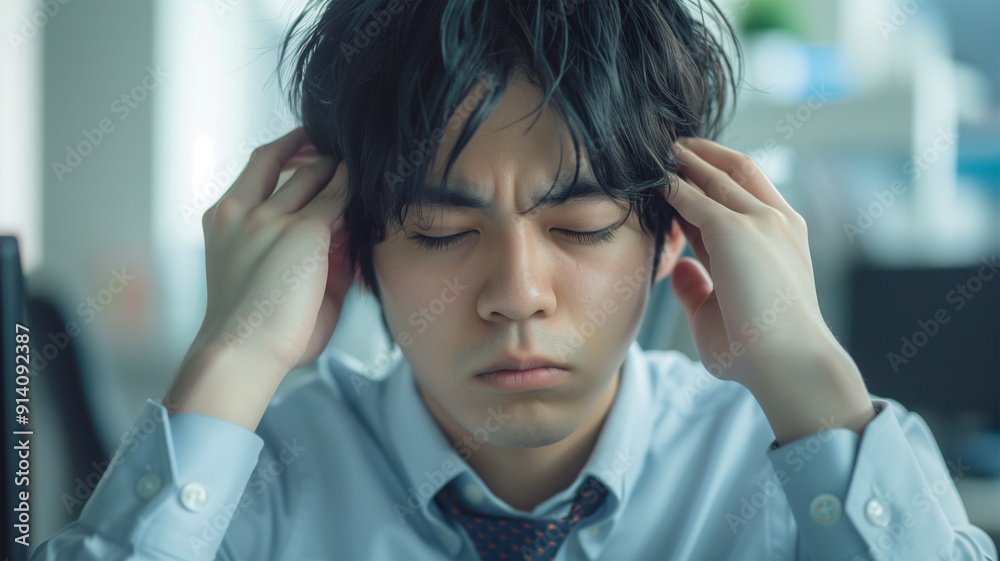 目の疲れを感じる若い日本人ビジネスマン 目の疲れを感じる若い日本人ビジネスマン