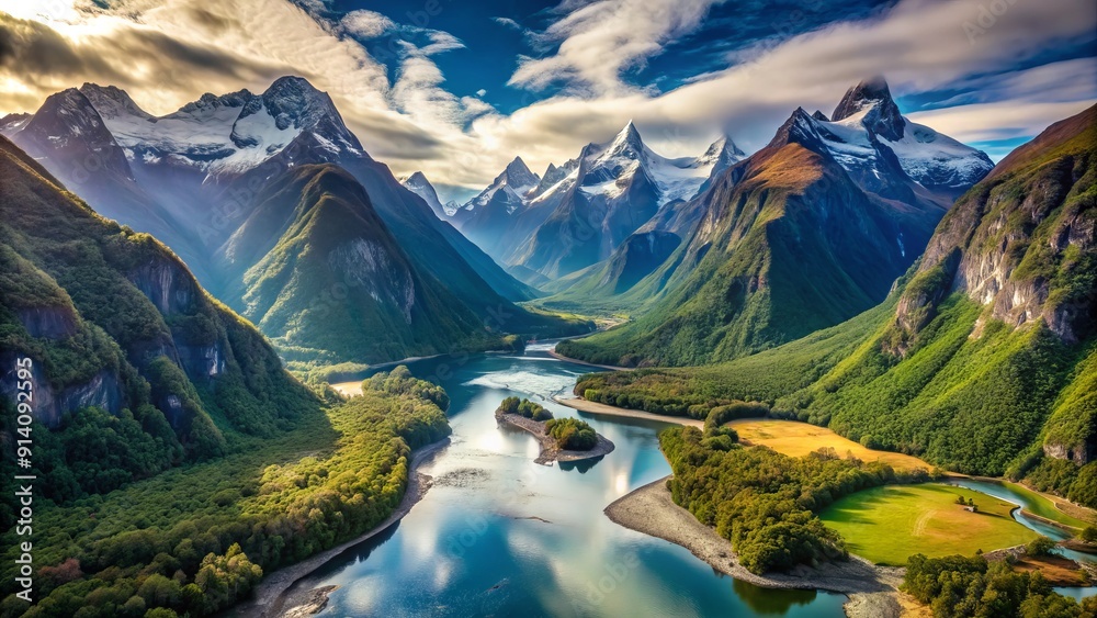Fototapeta premium Breathtaking aerial view of majestic mountains surrounding Milford Sound, with winding river and snow-capped peaks stretching towards the horizon in stunning natural beauty.