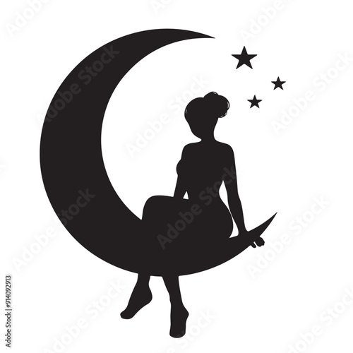 silhouette of a girl sitting on the moon vector illustration