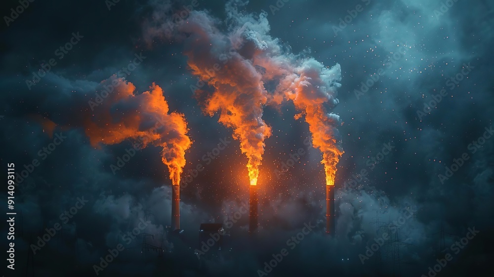 Fototapeta premium Industrial Smoke Stacks Release Pollution at Night
