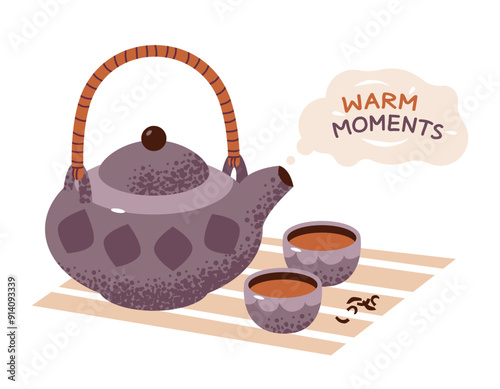 A teapot with mugs of tea and the slogan “Warm moments.” Traditional tea drinking. Flat vector illustration isolated on white background