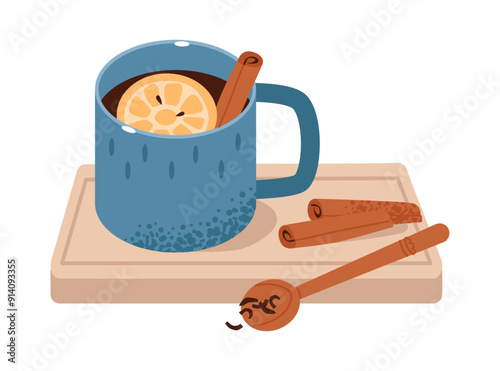 Cup of tea with lemon and cinnamon isolated on white background. Cozy tea party. Flat vector illustration