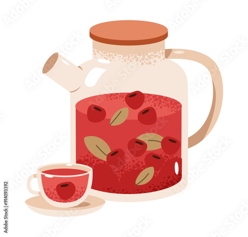 Teapot and cup with berry herbal tea. Fruit tea isolated on white background. Flat vector illustration