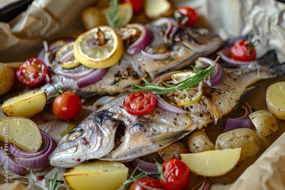 Fresh seabass marinated with sweet onions lemon potatoes cherry tomatoes and rosemary ready for baking in oven tray with parchment paper Fresh seabass marinated with sweet onions lemon potatoes cherry tomatoes and rosemary ready for baking in oven tray with parchment paper