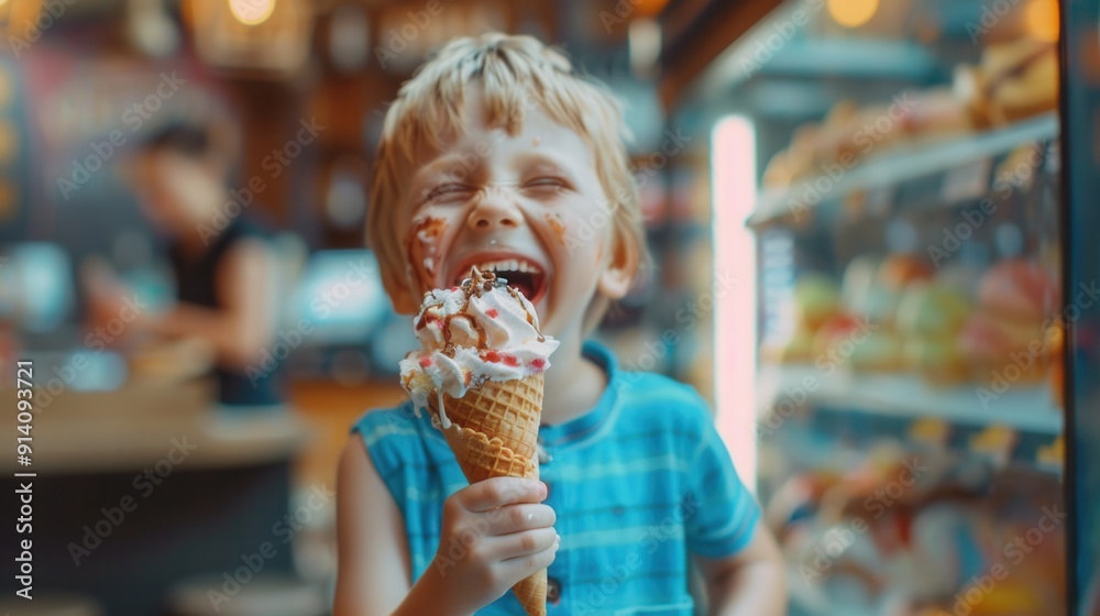 A little child holding an ice cream and eating at an ice cream store A little child holding an ice cream and eating at an ice cream store