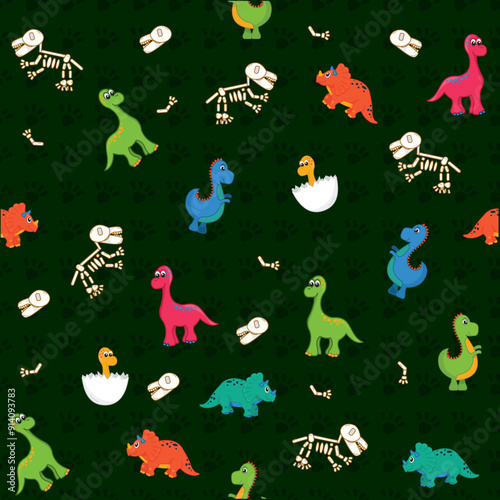 Vector pattern children's print dinosaurs and fossils skeleton eggs and dinosaur bones