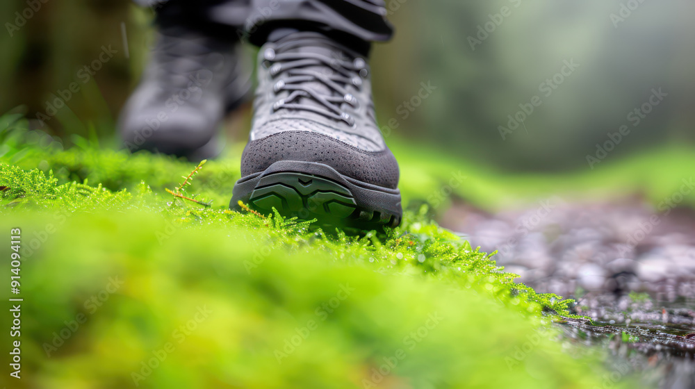 Closeup of hiking boot on mossy forest trail during rainy day adventure Closeup of hiking boot on mossy forest trail during rainy day adventure