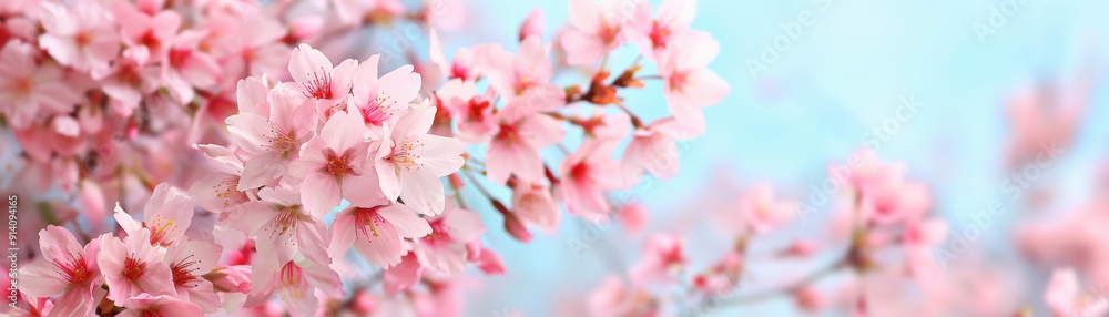 Beautiful close-up of pink cherry blossoms in full bloom with a soft blue sky background, capturing the delicate beauty and serenity of springtime nature.