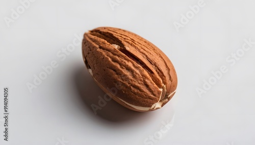 A single almond, with its skin still on, sits on a white background. The almond is in focus, and the background is blurred.