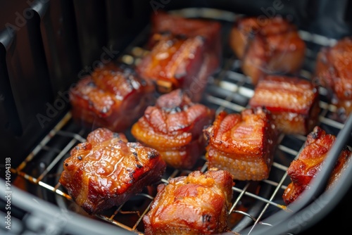 Frying pork belly to make it crispy in an airfryer Quick and low fat cooking with hot air circulatio photo