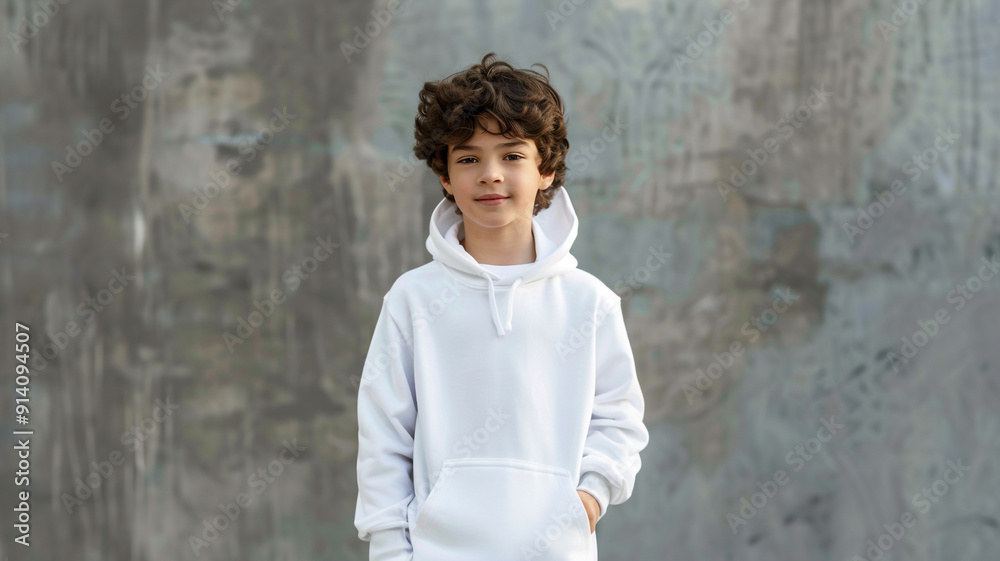 A boy wearing white hoodie, a mockup of white hoodie with hood on, grey background, mockup template design for print on demand A boy wearing white hoodie, a mockup of white hoodie with hood on, grey background, mockup template design for print on demand
