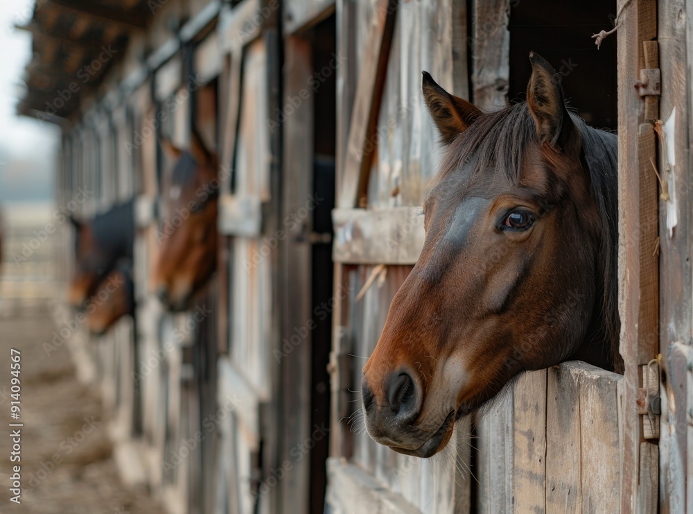Fototapeta premium Horse head visible among other horses in stable