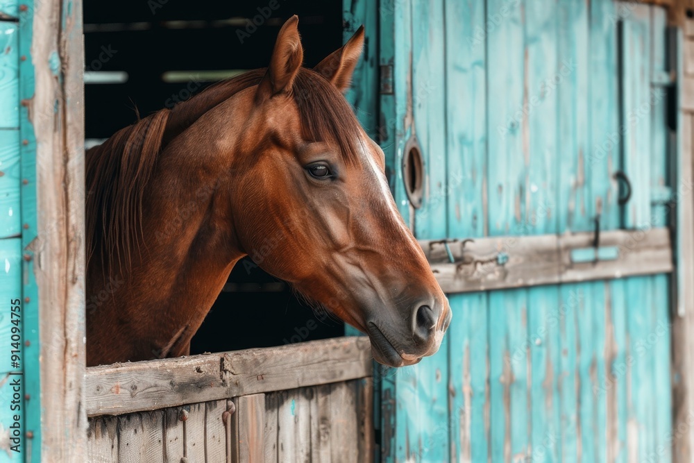 Fototapeta premium Horse peeking from stall in stable