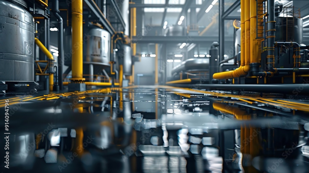 Industrial Factory Floor with Water Reflection 3D Illustration Industrial Factory Floor with Water Reflection 3D Illustration