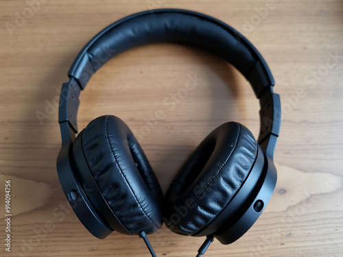 High-Quality Black Headphones on Wooden Surface for Music and Gaming