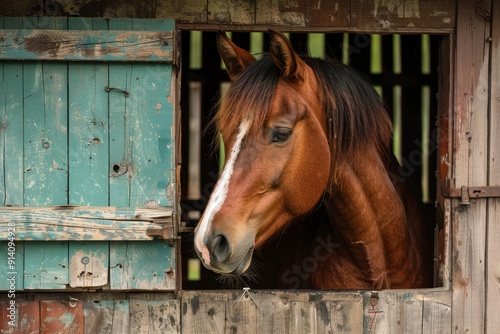 Horse peering from stall photo