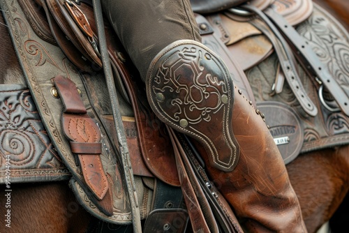 Horse riders use leather rigs and reins on wooden saddles photo