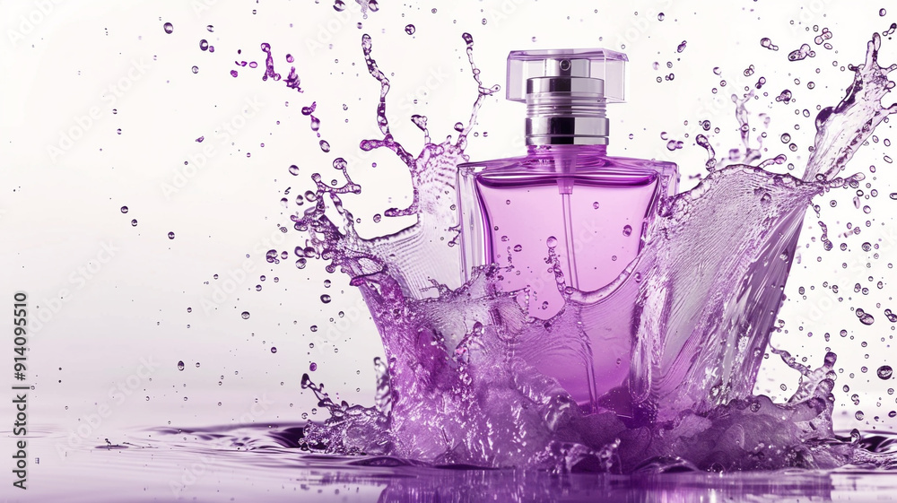 purple water splash with perfume bottle isolated on white background purple water splash with perfume bottle isolated on white background