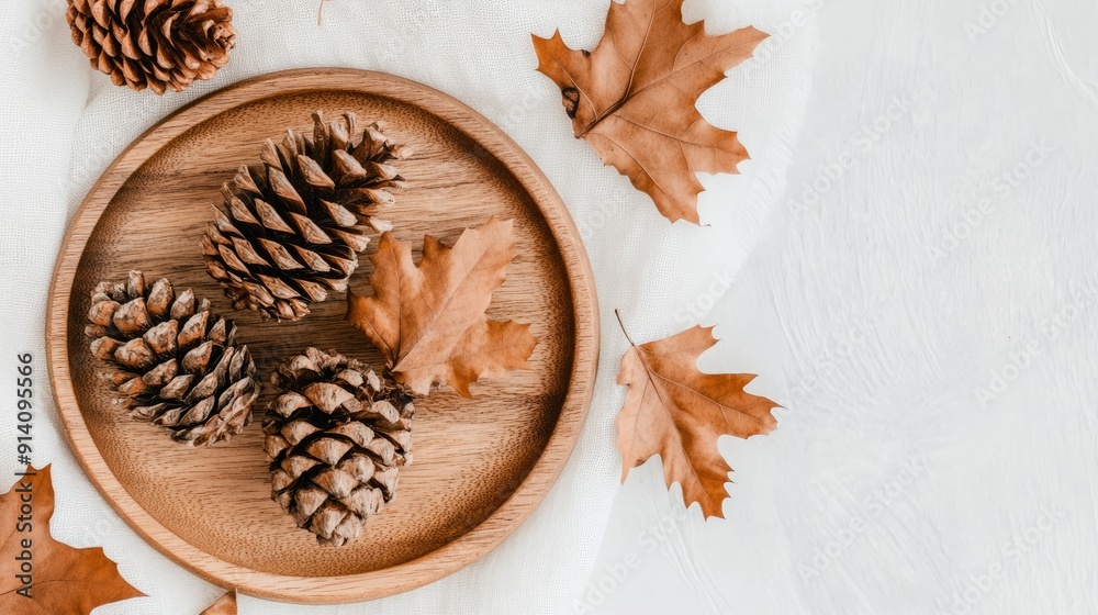 A rustic display of pine cones arranged in a round bowl surrounded by dried autumn leaves on a white fabric surface A rustic display of pine cones arranged in a round bowl surrounded by dried autumn leaves on a white fabric surface