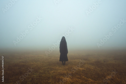 A ghostly figure of a woman standing alone in a foggy autumn field, evoking a mysterious and eerie atmosphere. Suitable for Halloween themes and supernatural concepts.