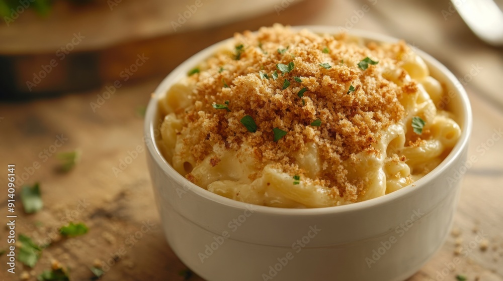 Savory macaroni and cheese topped with golden breadcrumbs sits in a rustic bowl, ready to be enjoyed. Savory macaroni and cheese topped with golden breadcrumbs sits in a rustic bowl, ready to be enjoyed.