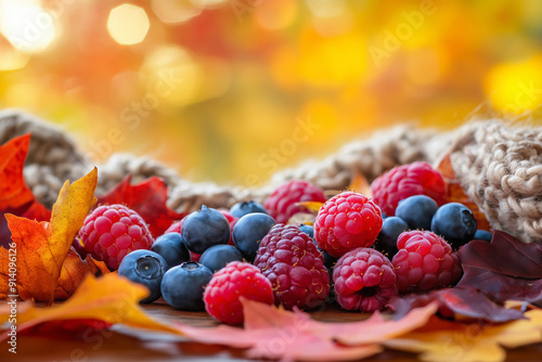 Charming autumn scene featuring a spread of fresh berries including raspberries, blueberries, and strawberries on a wooden surface, surrounded by colorful autumn leaves and a hint of a cozy blanket.