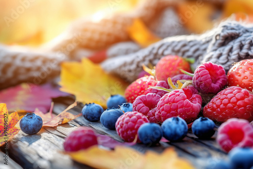 Charming autumn scene featuring a spread of fresh berries including raspberries, blueberries, and strawberries on a wooden surface, surrounded by colorful autumn leaves and a hint of a cozy blanket.