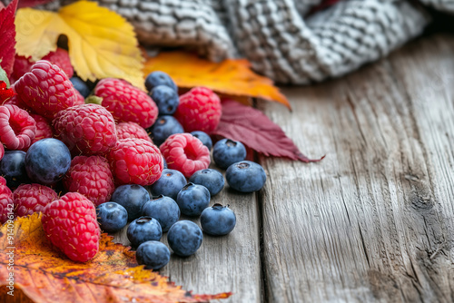 Charming autumn scene featuring a spread of fresh berries including raspberries, blueberries, and strawberries on a wooden surface, surrounded by colorful autumn leaves and a hint of a cozy blanket.