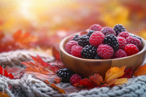 Cozy autumn scene with a rustic wooden bowl filled with an assortment of fresh autumn berries like cranberries, raspberries, and blackberries.