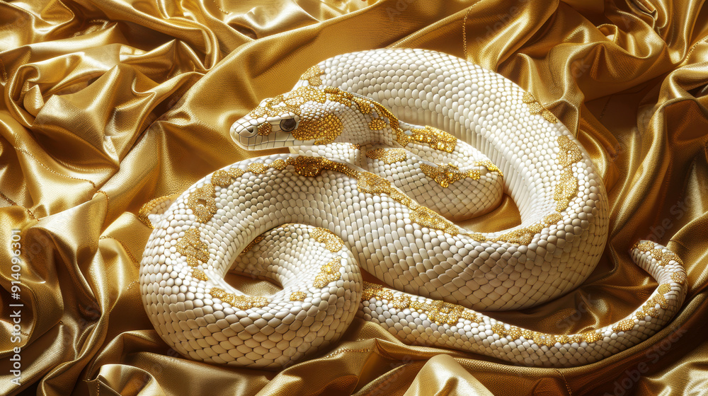 Fototapeta premium A gold colored snake is laying on a gold colored cloth