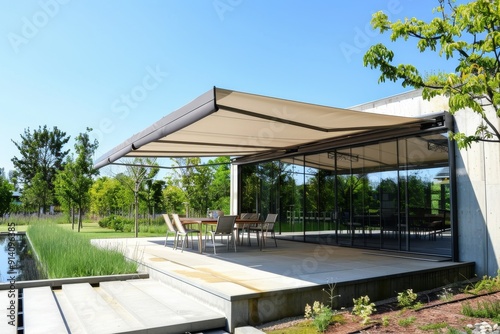 Large awning providing privacy and shielding from the sun